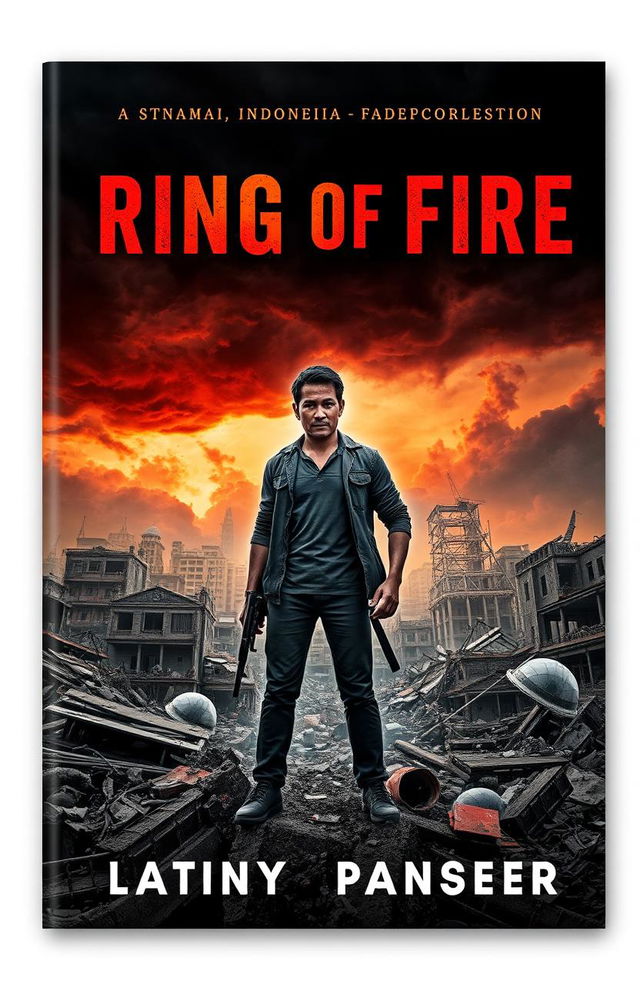 A book cover design for "Ring of Fire", featuring a central character who embodies resilience and strength, standing confidently amidst the ruins of a city devastated by a tsunami and earthquake