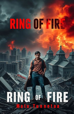 A book cover design for "Ring of Fire", featuring a central character who embodies resilience and strength, standing confidently amidst the ruins of a city devastated by a tsunami and earthquake