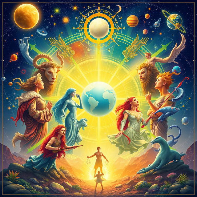 A vibrant and dynamic digital artwork representing the twelve zodiac signs, each symbolically depicted as powerful, transformative figures destined to change the world