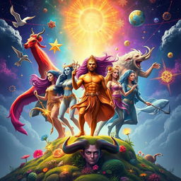A vibrant and dynamic digital artwork representing the twelve zodiac signs, each symbolically depicted as powerful, transformative figures destined to change the world