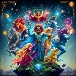A vibrant and dynamic digital artwork representing the twelve zodiac signs, each symbolically depicted as powerful, transformative figures destined to change the world