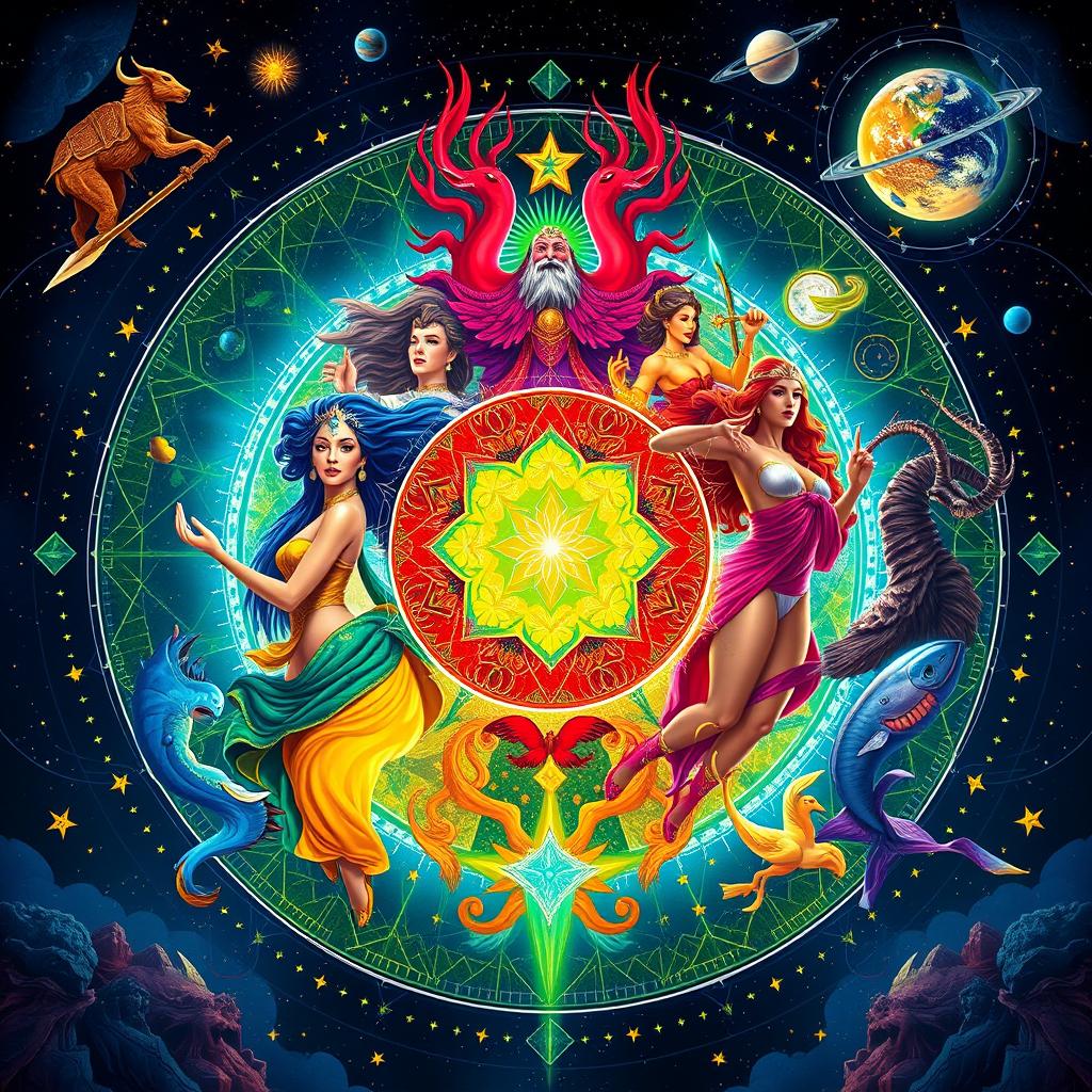 A vibrant and dynamic digital artwork representing the twelve zodiac signs, each symbolically depicted as powerful, transformative figures destined to change the world