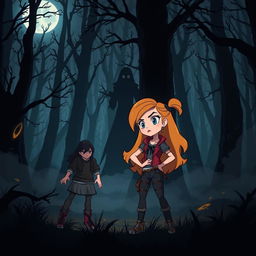 An ominous scene set in a dark forest, featuring two animated teenage girls who appear to be confronting a shadowy figure symbolizing a murderer