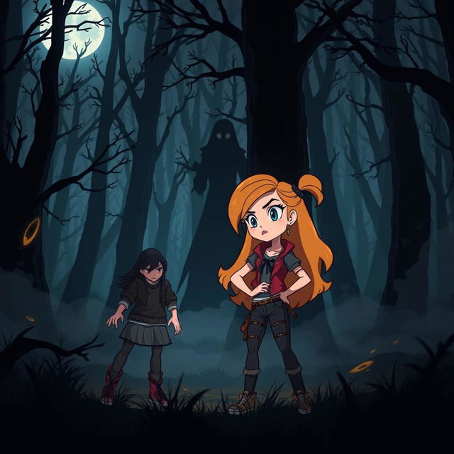 An ominous scene set in a dark forest, featuring two animated teenage girls who appear to be confronting a shadowy figure symbolizing a murderer