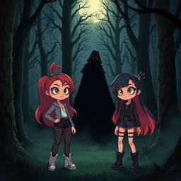 An ominous scene set in a dark forest, featuring two animated teenage girls who appear to be confronting a shadowy figure symbolizing a murderer