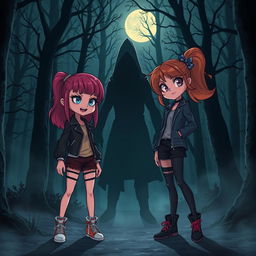 An ominous scene set in a dark forest, featuring two animated teenage girls who appear to be confronting a shadowy figure symbolizing a murderer