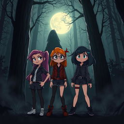 An ominous scene set in a dark forest, featuring two animated teenage girls who appear to be confronting a shadowy figure symbolizing a murderer