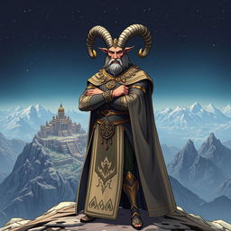 A powerful character embodying the Capricorn zodiac sign, depicted as a commanding figure ruling over a vast, majestic kingdom