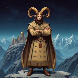 A powerful character embodying the Capricorn zodiac sign, depicted as a commanding figure ruling over a vast, majestic kingdom