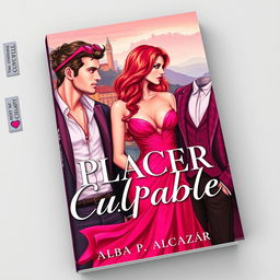 A visually stunning book cover for 'Placer Culpable', showcasing a romantic and erotic theme