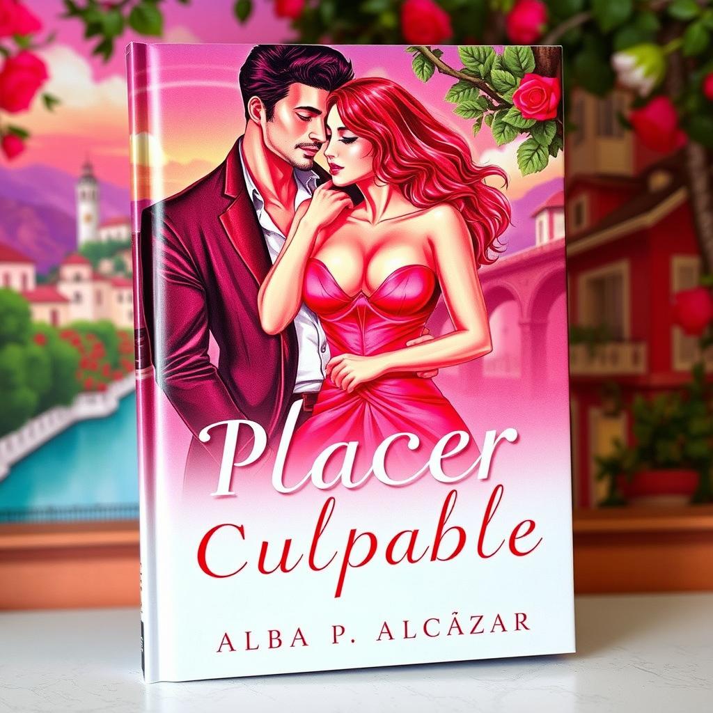 A visually stunning book cover for 'Placer Culpable', showcasing a romantic and erotic theme