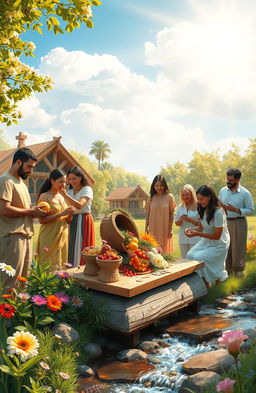 A serene and peaceful scene depicting the concept of sacred economy, featuring a diverse group of people engaged in the practice of tithing and offerings
