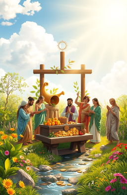 A serene and peaceful scene depicting the concept of sacred economy, featuring a diverse group of people engaged in the practice of tithing and offerings