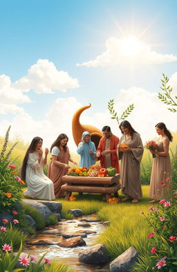 A serene and peaceful scene depicting the concept of sacred economy, featuring a diverse group of people engaged in the practice of tithing and offerings