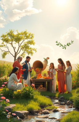 A serene and peaceful scene depicting the concept of sacred economy, featuring a diverse group of people engaged in the practice of tithing and offerings