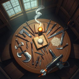 A beautifully illustrated anime-style fantasy scene set in a dimly lit room, viewed from above