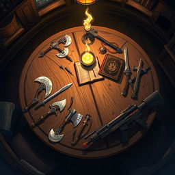 A beautifully illustrated anime-style fantasy scene set in a dimly lit room, viewed from above