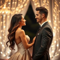 A beautiful woman with long flowing hair and a radiant smile, wearing a stunning evening gown, stands facing a handsome guy with chiseled features and charming style in a stylish suit