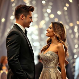 A beautiful woman with long flowing hair and a radiant smile, wearing a stunning evening gown, stands facing a handsome guy with chiseled features and charming style in a stylish suit