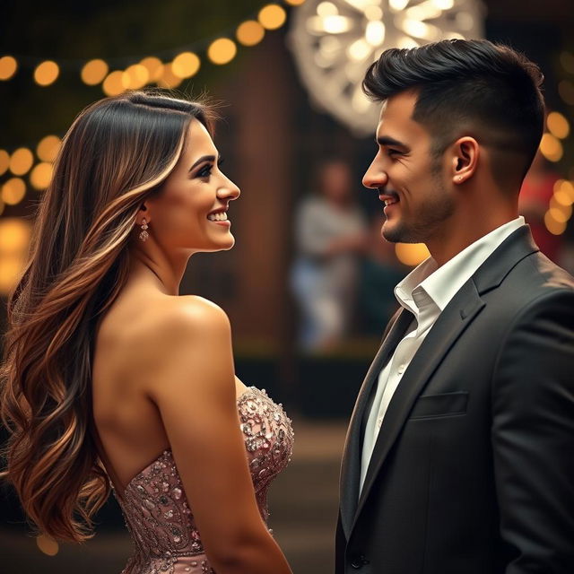 A beautiful woman with long flowing hair and a radiant smile, wearing a stunning evening gown, stands facing a handsome guy with chiseled features and charming style in a stylish suit