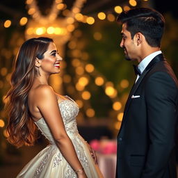 A beautiful woman with long flowing hair and a radiant smile, wearing a stunning evening gown, stands facing a handsome guy with chiseled features and charming style in a stylish suit