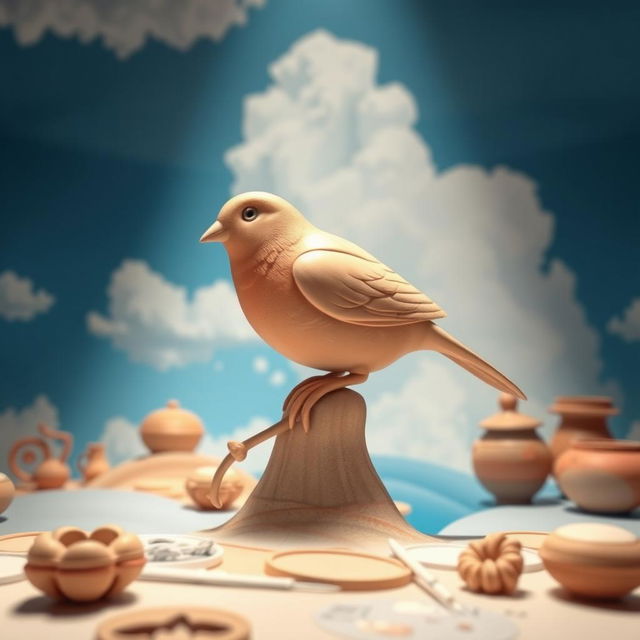 A stunning composition featuring a beautifully crafted clay bird perched on an intricately designed pottery background