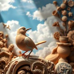 A stunning composition featuring a beautifully crafted clay bird perched on an intricately designed pottery background