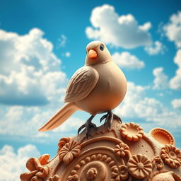A stunning composition featuring a beautifully crafted clay bird perched on an intricately designed pottery background