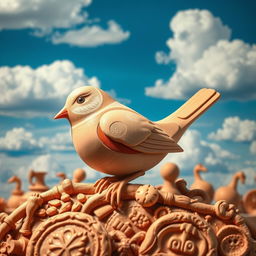 A stunning composition featuring a beautifully crafted clay bird perched on an intricately designed pottery background