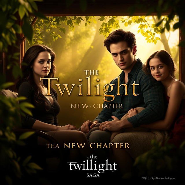 A concept poster for 'The Twilight Saga: The New Chapter', showcasing Kristen Stewart as Bella, Robert Pattinson as Edward, their friend Jacob, and their daughter Renesmee in a warm and enchanting setting