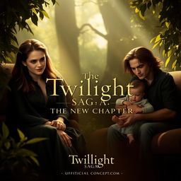 A concept poster for 'The Twilight Saga: The New Chapter', showcasing Kristen Stewart as Bella, Robert Pattinson as Edward, their friend Jacob, and their daughter Renesmee in a warm and enchanting setting
