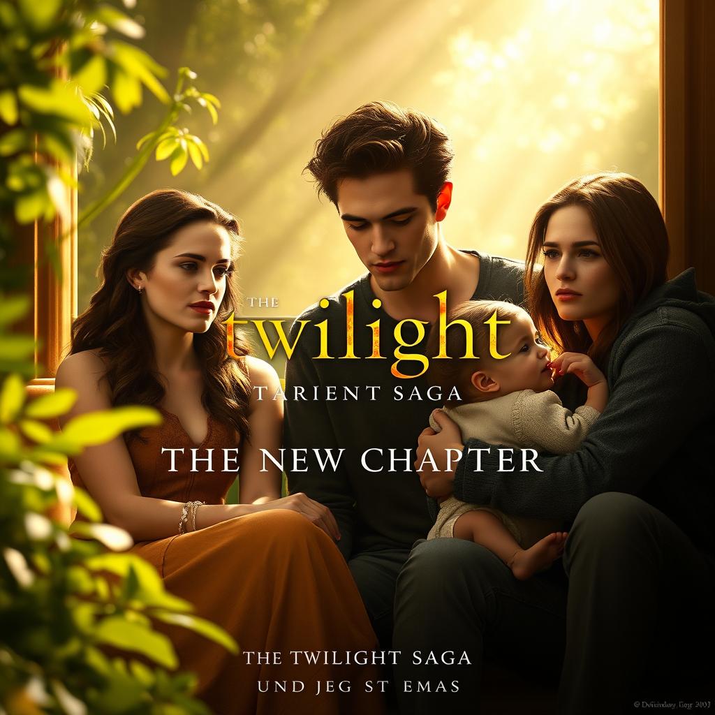 A concept poster for 'The Twilight Saga: The New Chapter', showcasing Kristen Stewart as Bella, Robert Pattinson as Edward, their friend Jacob, and their daughter Renesmee in a warm and enchanting setting