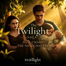 A concept poster for 'The Twilight Saga: The New Chapter', showcasing Kristen Stewart as Bella, Robert Pattinson as Edward, their friend Jacob, and their daughter Renesmee in a warm and enchanting setting