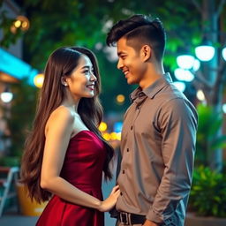 A beautiful Korean woman with long, silky hair and captivating features, dressed in an elegant, modern dress, stands facing a handsome Indonesian guy with an athletic build and warm smile, wearing a smart-casual outfit