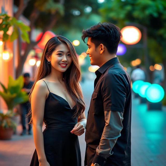 A beautiful Korean woman with long, silky hair and captivating features, dressed in an elegant, modern dress, stands facing a handsome Indonesian guy with an athletic build and warm smile, wearing a smart-casual outfit