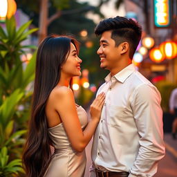 A beautiful Korean woman with long, silky hair and captivating features, dressed in an elegant, modern dress, stands facing a handsome Indonesian guy with an athletic build and warm smile, wearing a smart-casual outfit