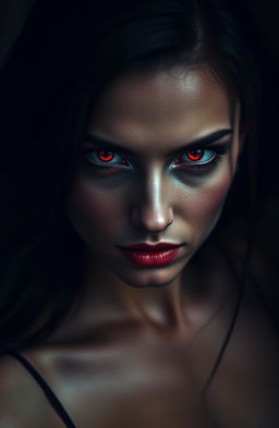 A striking portrait of a woman with vivid red eyes, captivating and mysterious