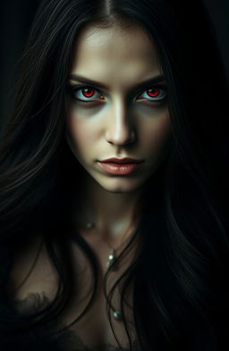 A striking portrait of a woman with vivid red eyes, captivating and mysterious