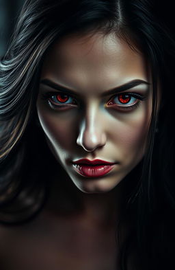 A striking portrait of a woman with vivid red eyes, captivating and mysterious