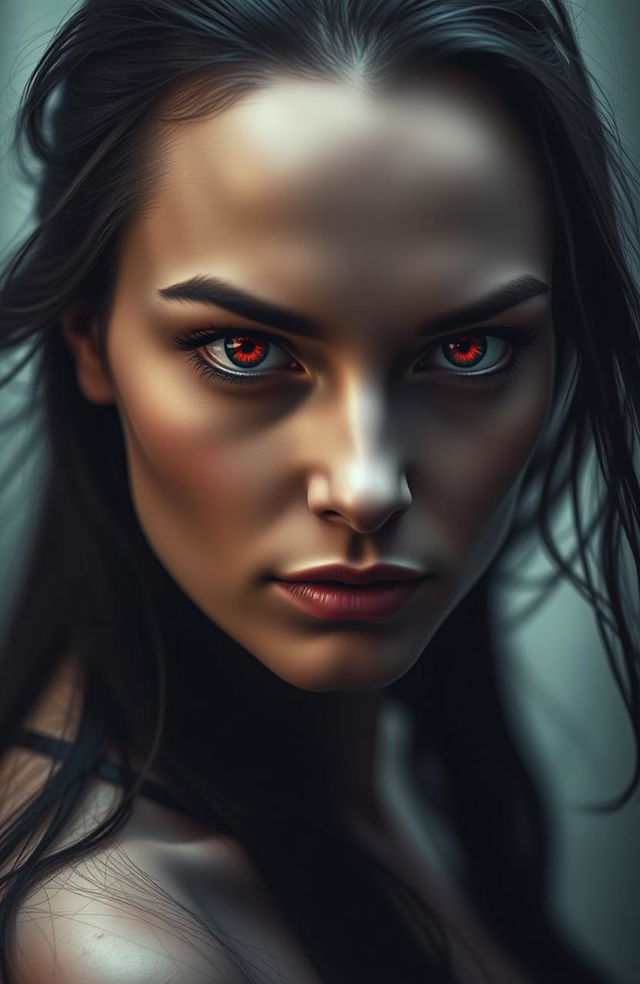 A striking portrait of a woman with vivid red eyes, captivating and mysterious