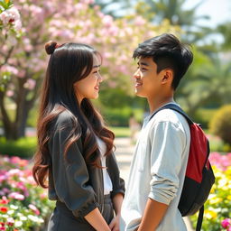 A beautiful Korean teenage girl with long hair styled in soft waves, dressed in a trendy outfit, stands facing an Indonesian handsome teenage boy with a charming smile and stylish casual attire