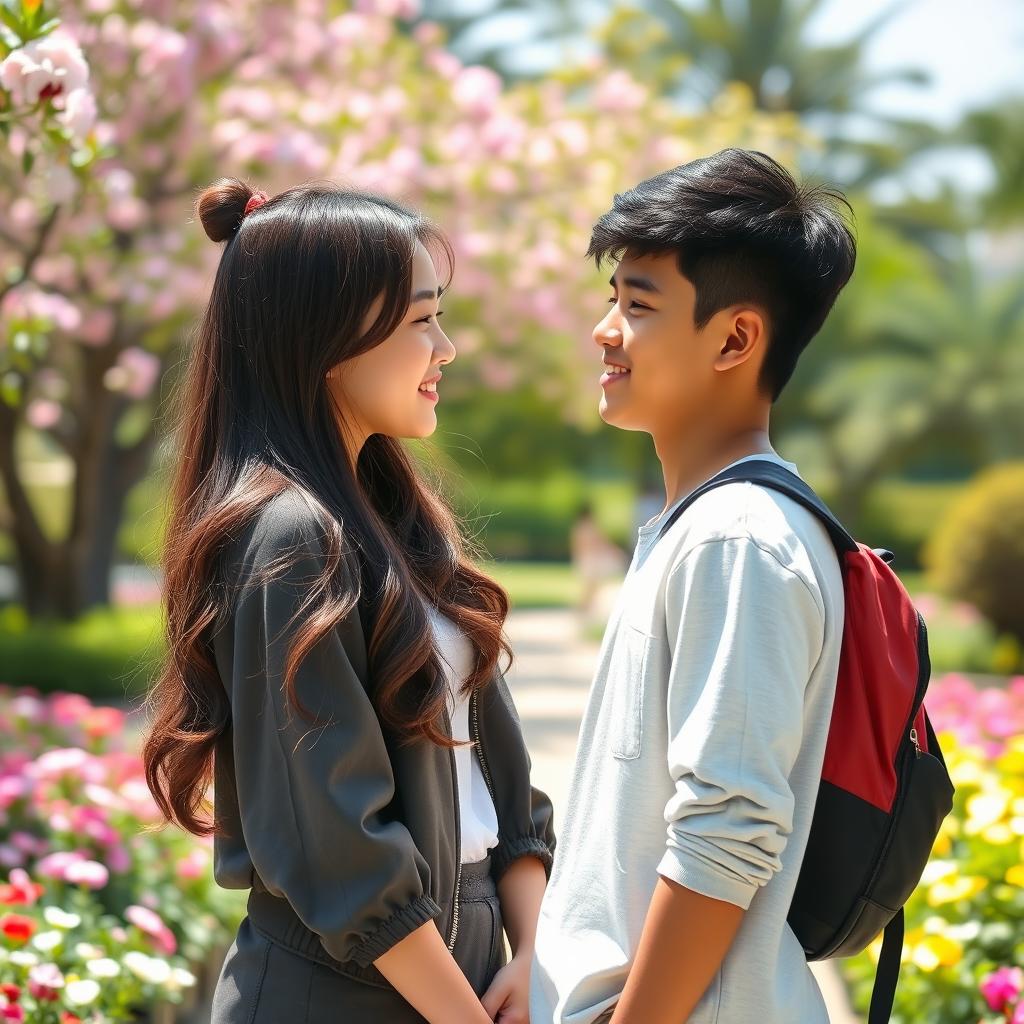 A beautiful Korean teenage girl with long hair styled in soft waves, dressed in a trendy outfit, stands facing an Indonesian handsome teenage boy with a charming smile and stylish casual attire