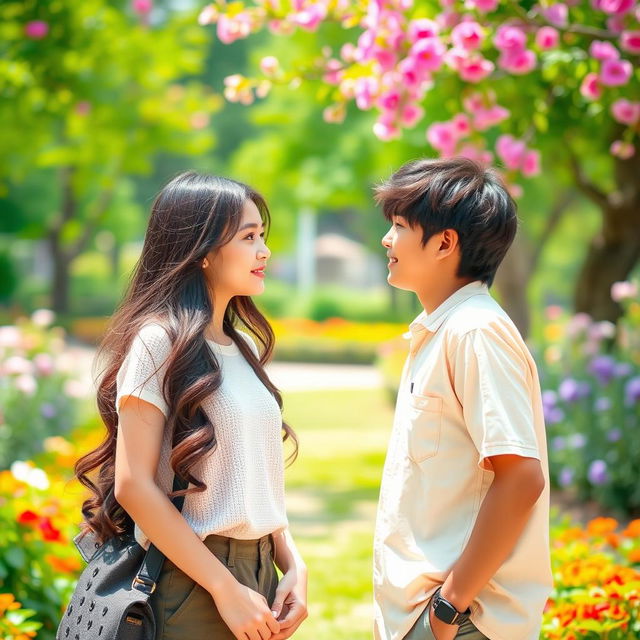 A beautiful Korean teenage girl with long hair styled in soft waves, dressed in a trendy outfit, stands facing an Indonesian handsome teenage boy with a charming smile and stylish casual attire