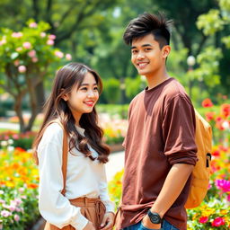 A beautiful Korean teenage girl with long hair styled in soft waves, dressed in a trendy outfit, stands facing an Indonesian handsome teenage boy with a charming smile and stylish casual attire