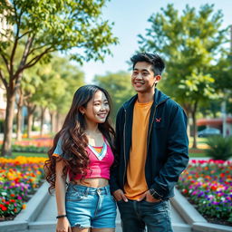 A beautiful Korean teenage girl with long, flowing hair styled in loose curls, wearing a trendy outfit with bright colors, stands facing an Indonesian handsome teenage boy who has a charming smile and stylish casual attire