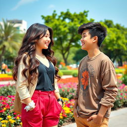 A beautiful Korean teenage girl with long, flowing hair styled in loose curls, wearing a trendy outfit with bright colors, stands facing an Indonesian handsome teenage boy who has a charming smile and stylish casual attire