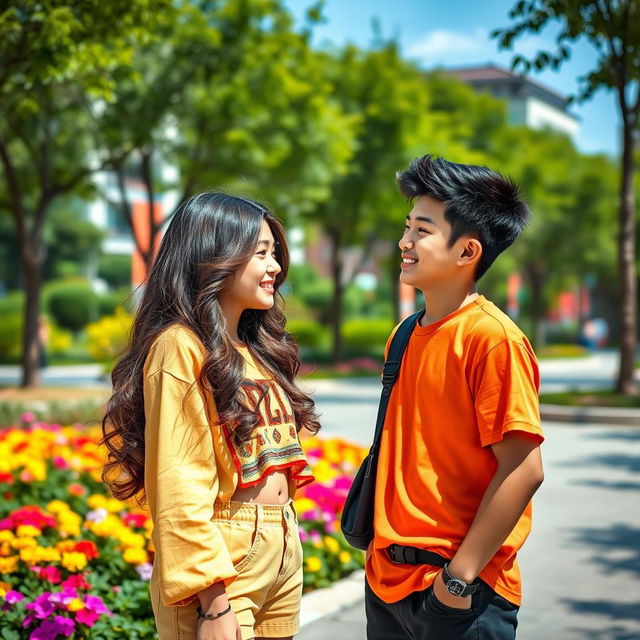 A beautiful Korean teenage girl with long, flowing hair styled in loose curls, wearing a trendy outfit with bright colors, stands facing an Indonesian handsome teenage boy who has a charming smile and stylish casual attire