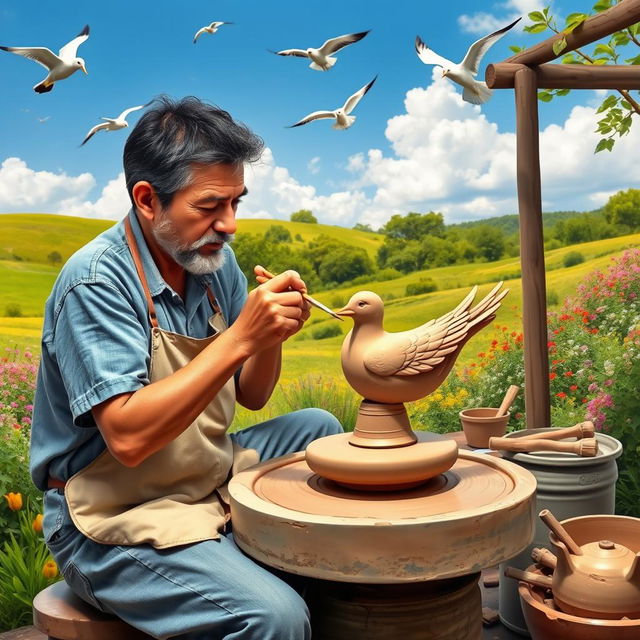 A skilled artisan working diligently on a pottery wheel, shaping a beautiful clay bird