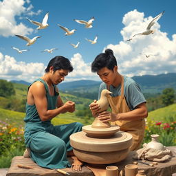 A skilled artisan working diligently on a pottery wheel, shaping a beautiful clay bird