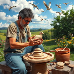 A skilled artisan working diligently on a pottery wheel, shaping a beautiful clay bird